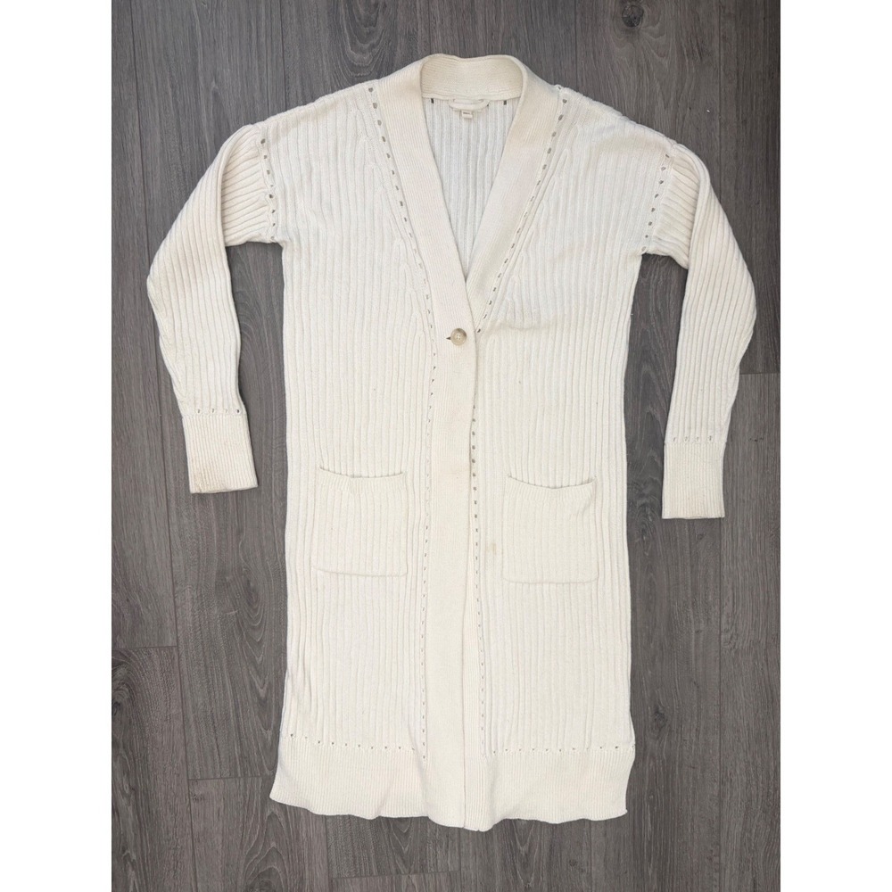 Garnet Hill Long Ribbed Cardigan L Cream White Cotton Knit Duster Minimalist